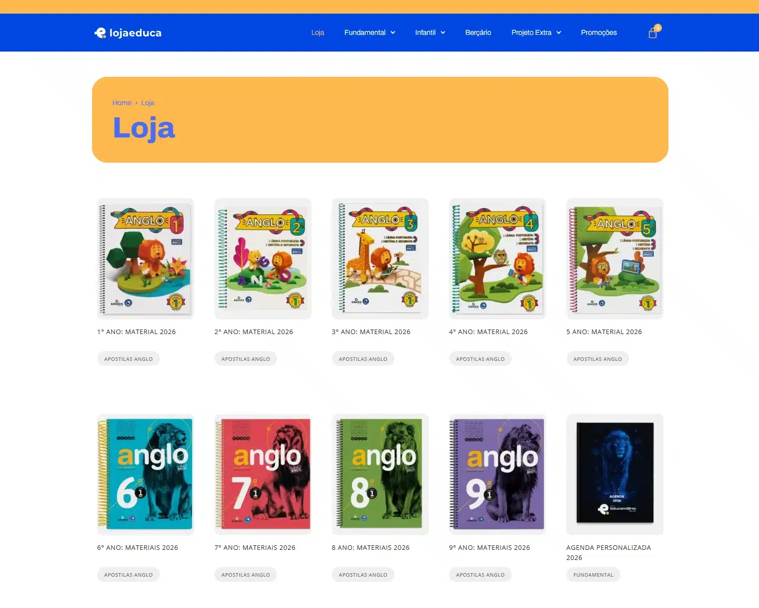 Tela da loja com os materiais escolares disponíveis