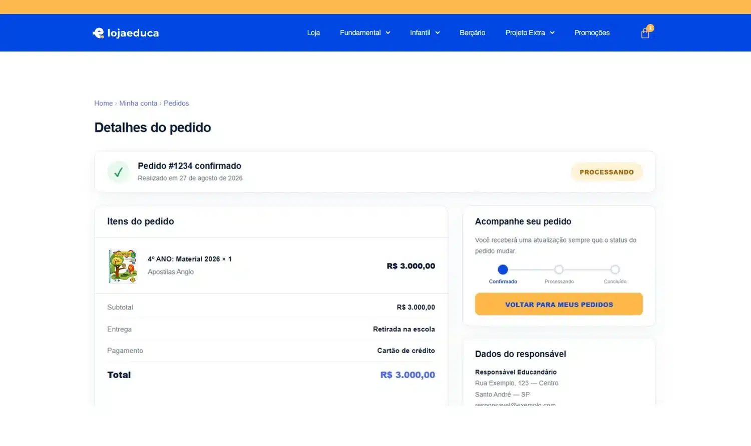 Tela com os detalhes e o andamento do pedido